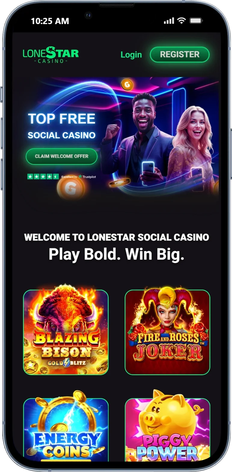 LoneStar social casino - homepage on mobile
